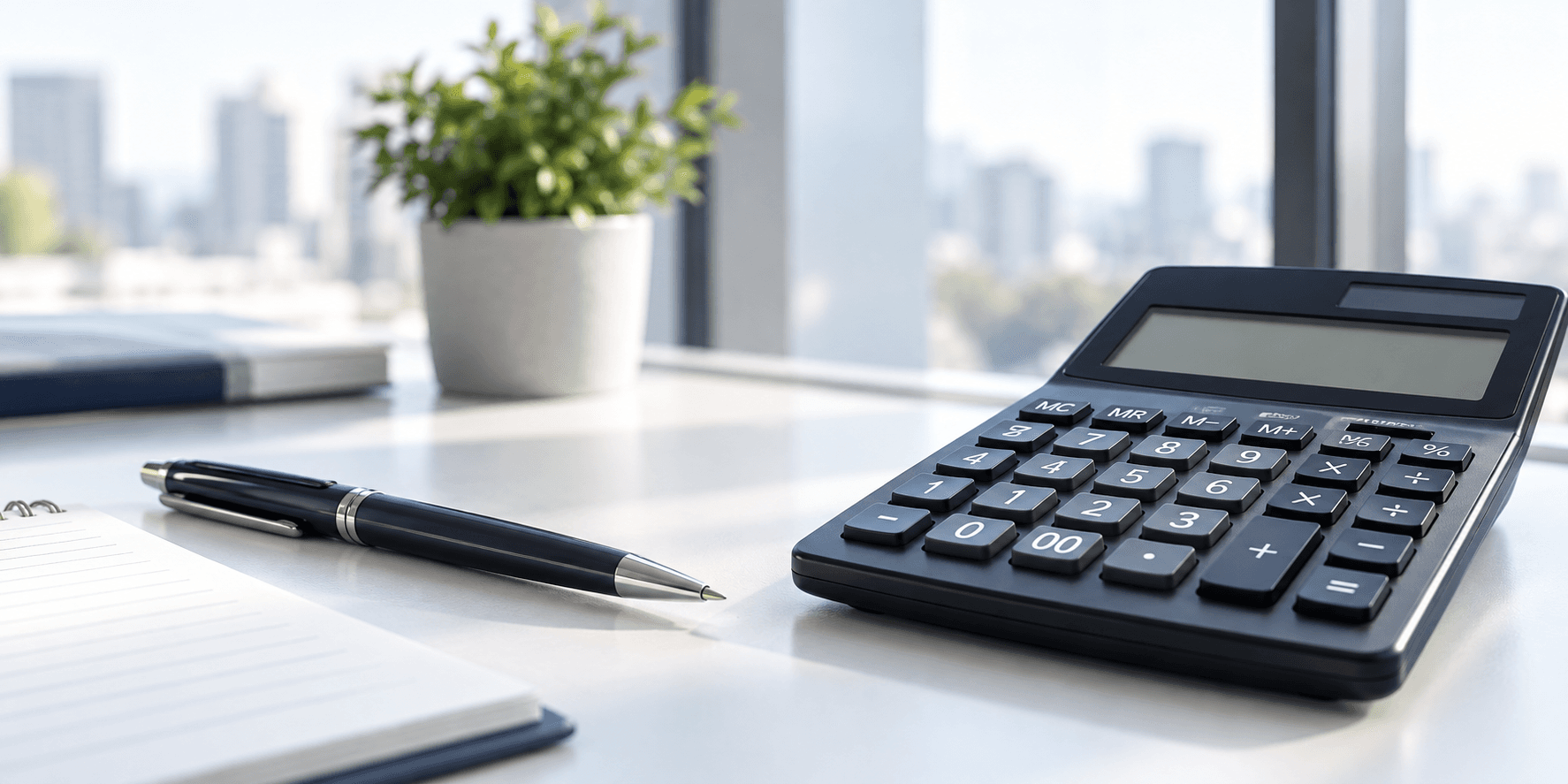Calculadora e caneta sobre uma mesa de escritório